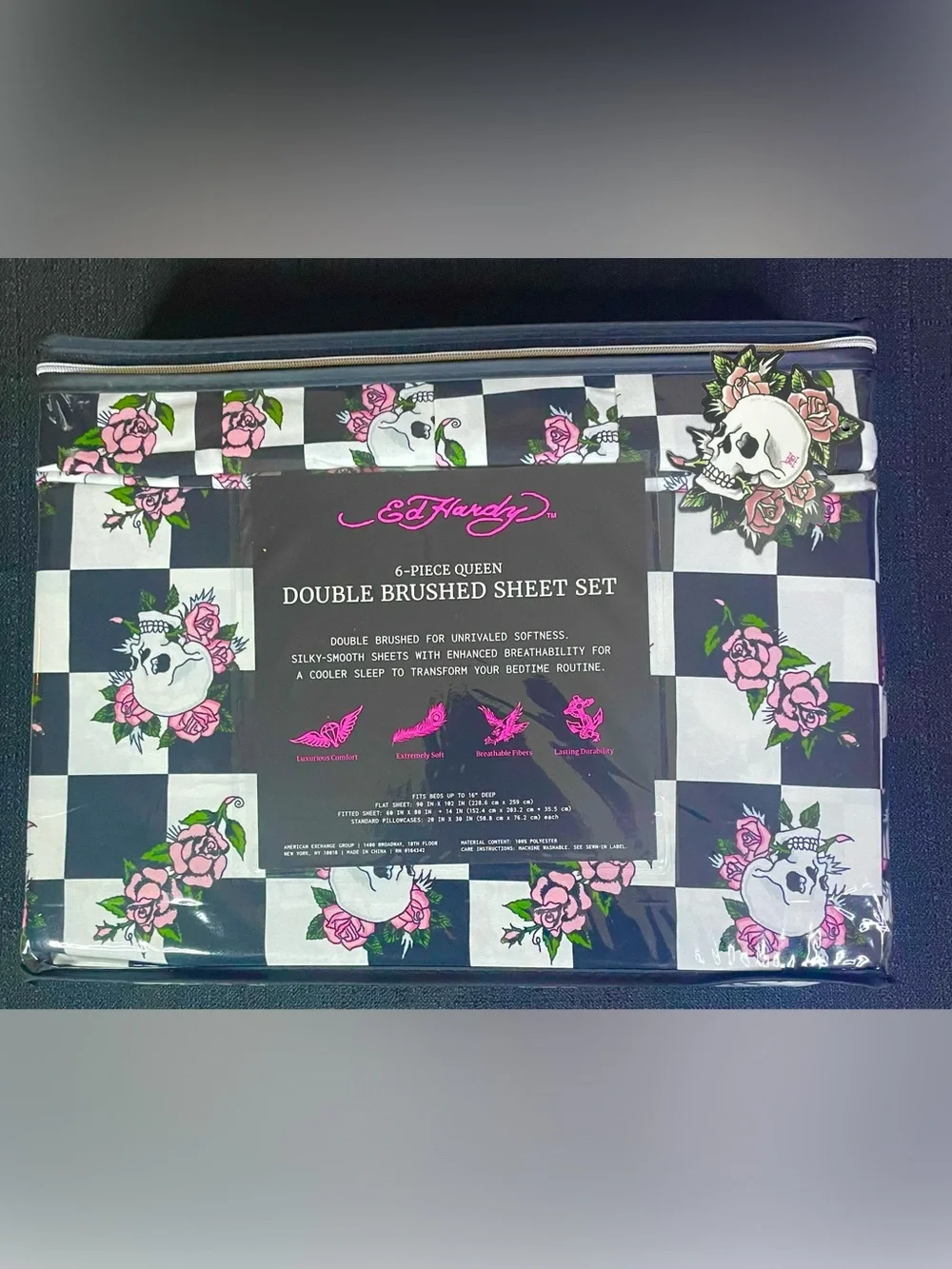 Ed Hardy DP 6-pc Queen Sheet Set Black White Checkered Skulls Pink Roses NEW NIP